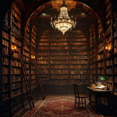 The primary subject of the image is a library filled with bookshelves and a large chandelier hanging from the ceiling. The setting is a room with a table and chairs, creating a cozy atmosphere for reading and studying. The visual style is a photo, capturing the details of the library and its furnishings. The colors and mood of the image are warm and inviting, with the chandelier providing a sense of elegance and sophistication.